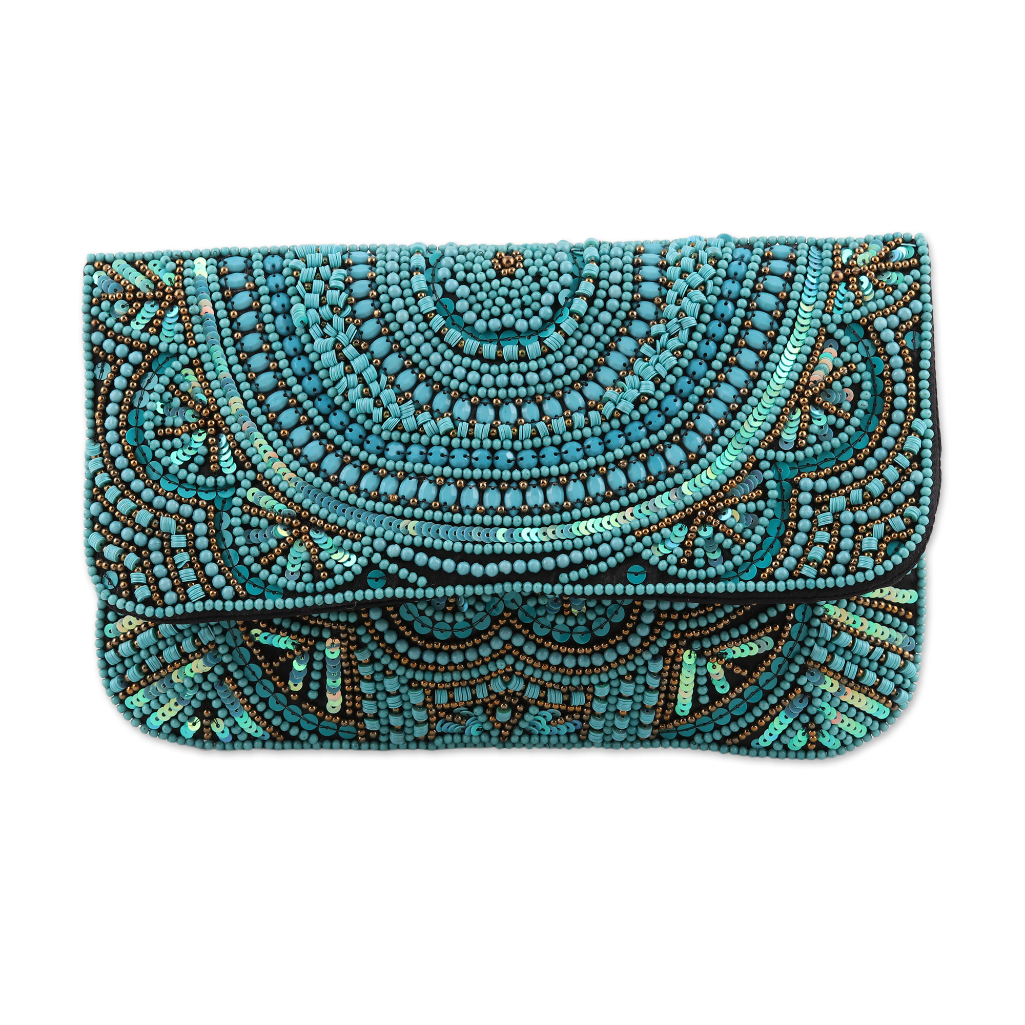 Turquoise Beaded and Sequined Silk Evening Clutch from India, 'Turquoise  Glamour