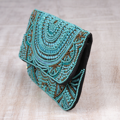 Embellished clutch, 'Turquoise Glamour' - Turquoise Beaded and Sequined Silk Evening Clutch from India
