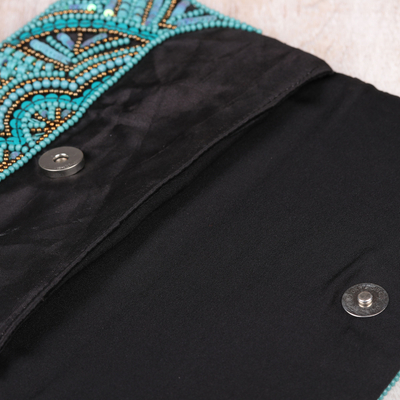 Embellished clutch, 'Turquoise Glamour' - Turquoise Beaded and Sequined Silk Evening Clutch from India