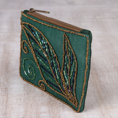 Beaded clutch, 'Enchanting' - Pine Green Cotton and Silk Clutch with Leaf Motif Beading