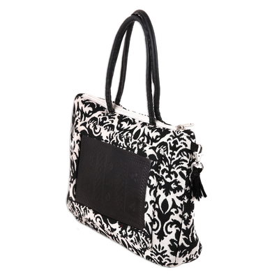 Leather accented cotton handbag, 'Elegant Embellishment' - Black and White Leather Accent Cotton Handle Handbag