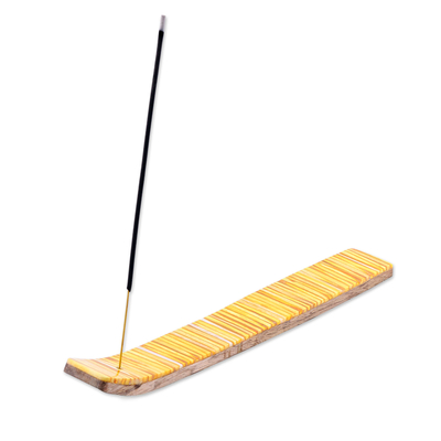 Sunny Yellow Resin Striped Wood Incense Holder from India