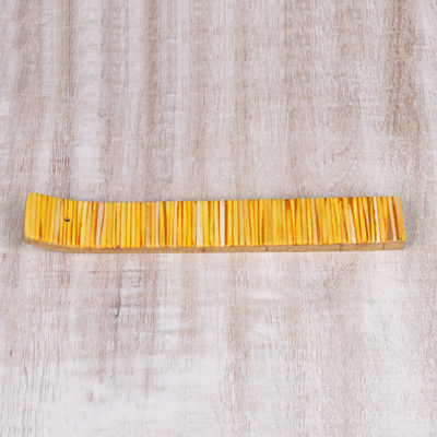 Wood incense holder, 'Sunny Delight' - Sunny Yellow Resin Striped Wood Incense Holder from India