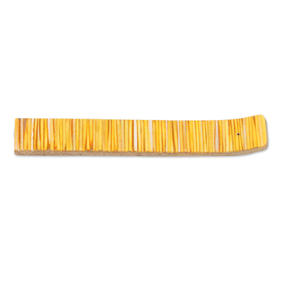 Wood incense holder, 'Sunny Delight' - Sunny Yellow Resin Striped Wood Incense Holder from India