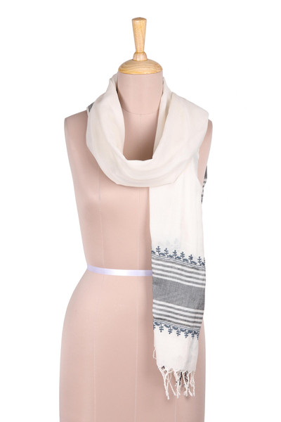 Cotton scarf, 'Timeless Beauty' - Black Grey and White Chikan Embroidered Striped Scarf