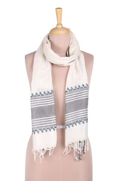 Cotton scarf, 'Timeless Beauty' - Black Grey and White Chikan Embroidered Striped Scarf