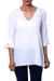 Cotton tunic, 'White Simplicity' - White Cotton Floral Embroidered Three-Quarter Sleeved Tunic (image 2a) thumbail
