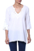 Cotton tunic, 'White Simplicity' - White Cotton Floral Embroidered Three-Quarter Sleeved Tunic (image 2b) thumbail