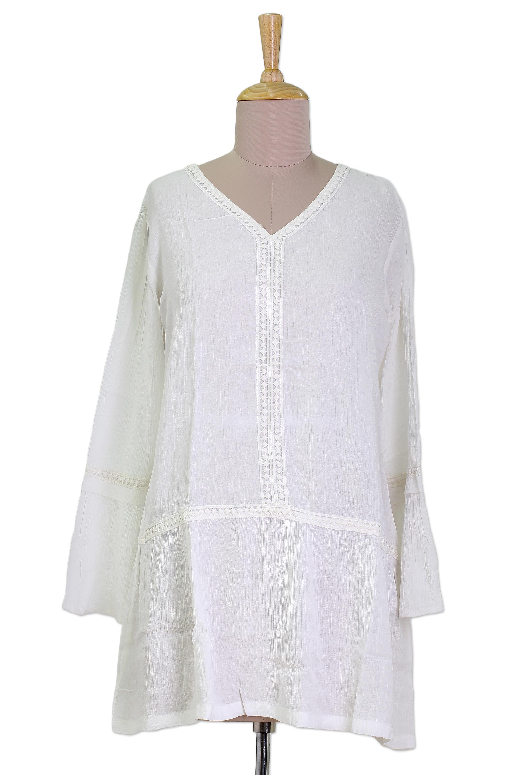 UNICEF Market | Long-Sleeved White 100% Viscose Tunic with Lace Trim ...