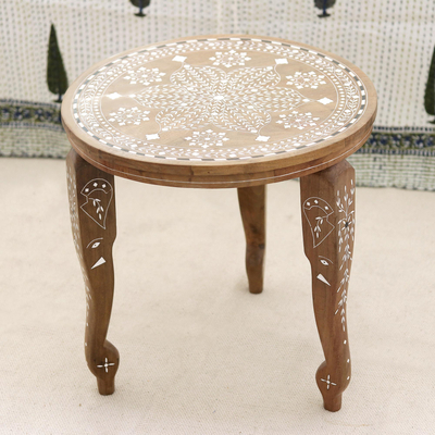 Handcrafted Leaf Motif Wood End Table 16 in. from India 