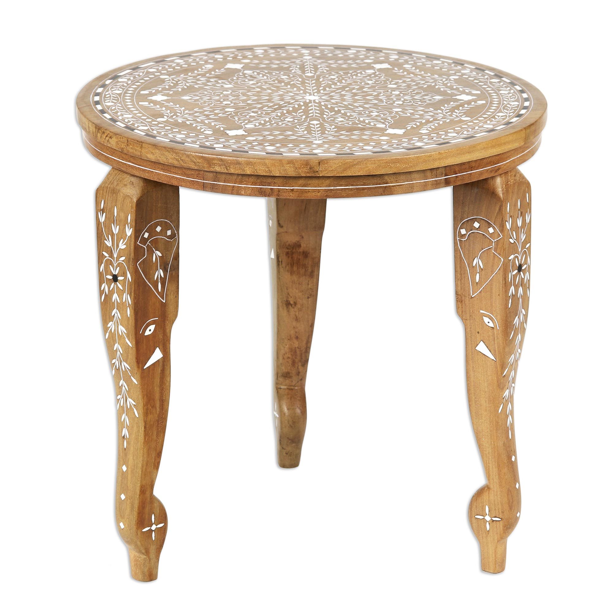 UNICEF Market Handmade Jamun Wood End Table with Leaf Motifs from
