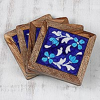 Ceramic and wood coasters, 'Dancing Midnight Blossoms' (set of 4) - Blue Floral Ceramic Coasters (Set of 4) from India