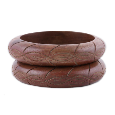 Handmade Pair of Wooden Bangle Bracelets with Floral Carved Design