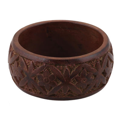 Handmade Wide Wooden Bangle Bracelet with Carved Flower Design