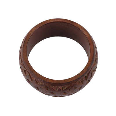 Wood bangle bracelet, 'Connected Garden' - Hand Carved Floral Motif Wood Bangle Bracelet from India
