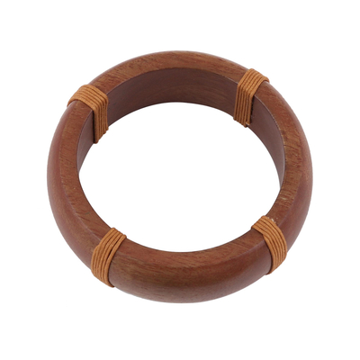 Pulsera de madera - Brazalete de madera lisa envuelto con cordón de algodón marrón