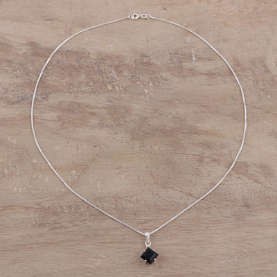 Onyx pendant necklace, 'Raven Star' - Faceted Square Onyx and Sterling Silver Pendant Necklace