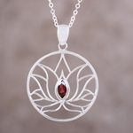 Garnet pendant necklace, 'Lotus Heart' - Garnet Sterling Silver Lotus Flower Pendant Necklace