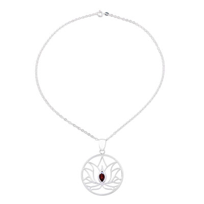 Garnet pendant necklace, 'Lotus Heart' - Garnet Sterling Silver Lotus Flower Pendant Necklace