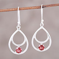 Garnet dangle earrings, 'Dawn's Dew' - Garnet and Sterling Silver Double Teardrop Dangle Earrings