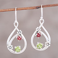 Garnet and peridot dangle earrings, 'Garden Drops' - Sterling Silver Garnet and Peridot Floral Dangle Earrings