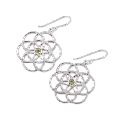 Peridot dangle earrings, 'Molecular Flowers' - Sterling Silver Peridot Molecular Flowers Dangle Earrings