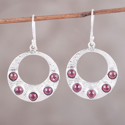 Garnet dangle earrings, 'Gleaming Orbit' - Sterling Silver Gleaming Orbit Garnet Dangle Earrings
