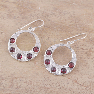 Garnet dangle earrings, 'Gleaming Orbit' - Sterling Silver Gleaming Orbit Garnet Dangle Earrings