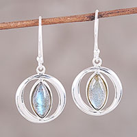 Labradorite dangle earrings, 'Captured Light' - Sterling Silver Labradorite Orb Light Dangle Earrings