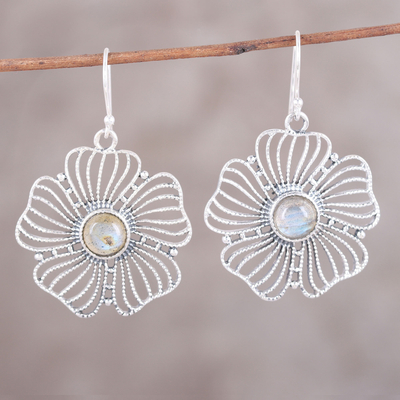 Labradorite dangle earrings, 'Celestial Flowers' - Sterling Silver Labradorite Celestial Floral Dangle Earrings