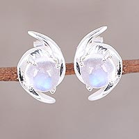 Rainbow moonstone button earrings, 'Awe of Aurora' - Indian Rainbow Moonstone and Sterling Silver Button Earrings