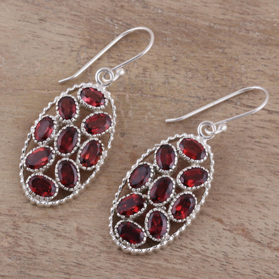 Garnet dangle earrings, 'Palatial Crest in Crimson' - Handcrafted Garnet and Sterling Silver Dangle Earrings