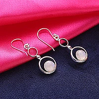 Rainbow moonstone dangle earrings, 'Dancing Moon' - Rainbow Moonstone and Sterling Silver Circle Dangle Earrings