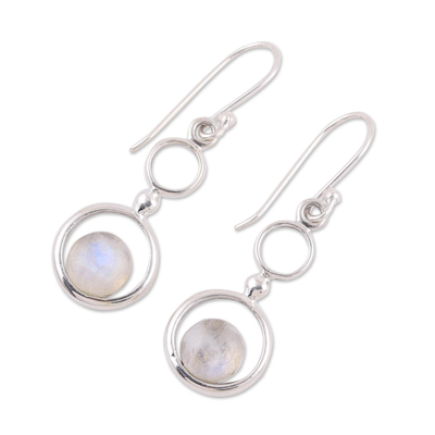 Rainbow moonstone dangle earrings, 'Dancing Moon' - Rainbow Moonstone and Sterling Silver Circle Dangle Earrings