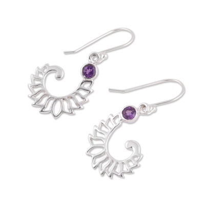 Amethyst dangle earrings, 'Violet Frond' - Amethyst Sterling Silver Unfurling Fronds Dangle Earrings