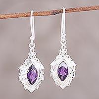 Amethyst dangle earrings, 'Royal Leaves' - Amethyst and Sterling Silver Leaf Motif Dangle Earrings