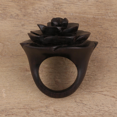 Hand-Carved Rose Flower Wood Cocktail Ring from India - Royal Rose | NOVICA