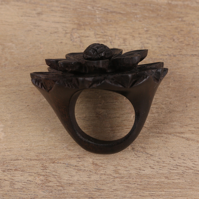 Ebony wood cocktail ring, 'Exotic Sunflower' - Hand-Carved Sunflower Wood Cocktail Ring from India