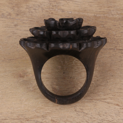 Ebony wood cocktail ring, 'Vibrant Marigold' - Hand-Carved Marigold Flower Wood Cocktail Ring from India