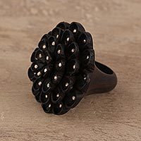 Ebony wood and sterling silver cocktail ring, 'Starry Petals' - Wood and Sterling Silver Floral Cocktail Ring from India