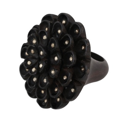 Wood and Sterling Silver Floral Cocktail Ring from India