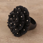 Ebony wood and sterling silver cocktail ring, 'Starry Glory' - Hand-Carved Ebony and Sterling Silver Floral Ring from India