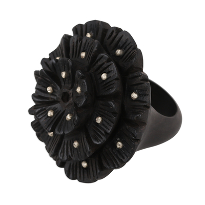 Hand-Carved Ebony and Sterling Silver Floral Ring from India