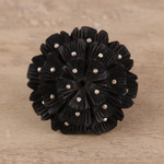Ebony wood and sterling silver cocktail ring, 'Starry Glory' - Hand-Carved Ebony and Sterling Silver Floral Ring from India