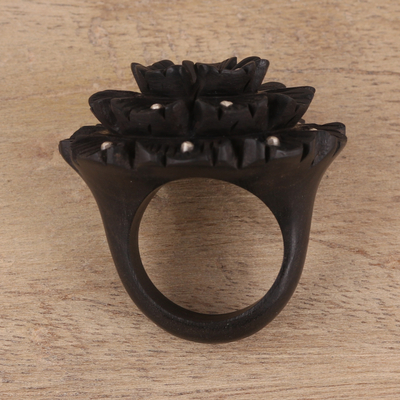 Ebony wood and sterling silver cocktail ring, 'Starry Glory' - Hand-Carved Ebony and Sterling Silver Floral Ring from India