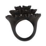 Ebony wood and sterling silver cocktail ring, 'Starry Glory' - Hand-Carved Ebony and Sterling Silver Floral Ring from India