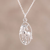 Sterling silver pendant necklace, 'Gleaming Horse' - Sterling Silver Horse Pendant Necklace from India