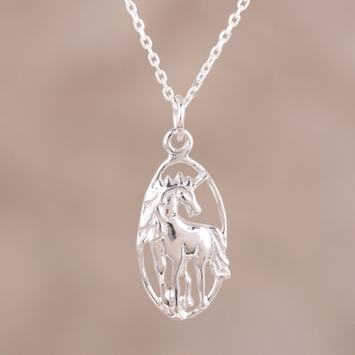 Sterling silver pendant necklace, 'Gleaming Horse' - Sterling Silver Horse Pendant Necklace from India