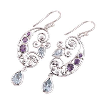 Blue topaz and amethyst dangle earrings, 'Elegant Flutter' - Handcrafted Amethyst and Blue Topaz Pendant Dangle Earrings