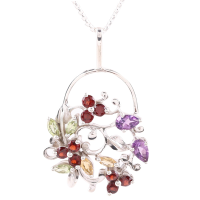 Multi-gemstone pendant necklace, 'Bouquet of Beauty' - Multi-Gemstone Sterling Silver Pendant Necklace from India